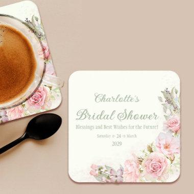 Pink Watercolor Roses Bridal Shower Square Paper Coaster