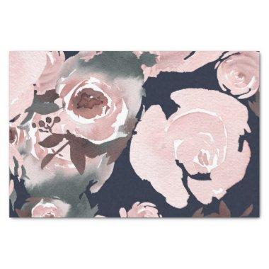 Pink Watercolor Roses Dark Navy Blue Floral Party Tissue Paper