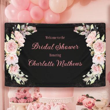 Pink Watercolor Roses Moody Black Bridal Shower Banner