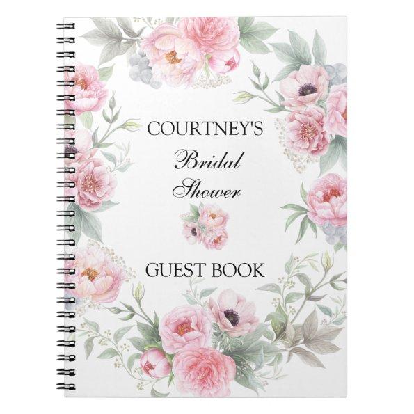 Pink Watercolor Roses Peonies Poppies Guest Book