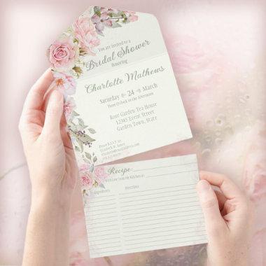 Pink Watercolor Roses Sage Green Bridal Shower All In One Invitations