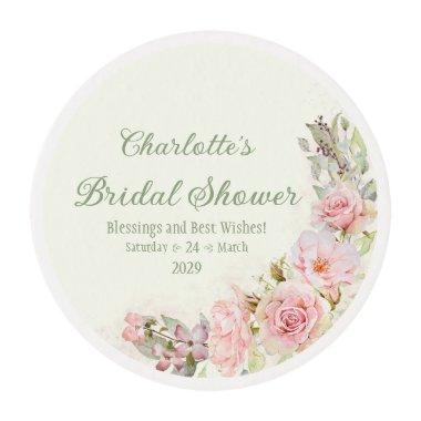 Pink Watercolor Roses Sage Green Bridal Shower Edible Frosting Rounds