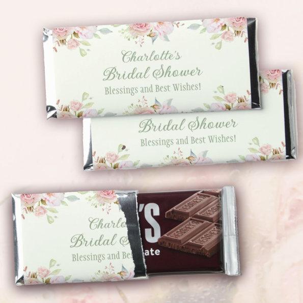 Pink Watercolor Roses Sage Green  Hershey Bar Favors