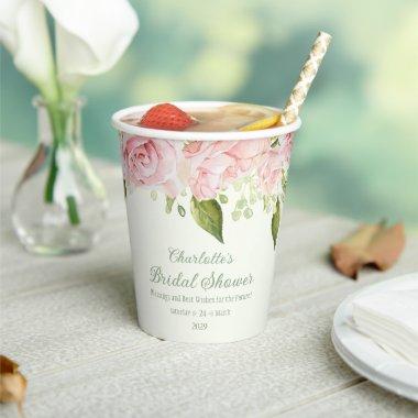 Pink Watercolor Roses Sage Green Bridal Shower Paper Cups