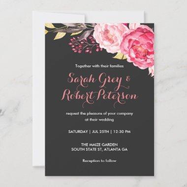 Pink Watercolor Roses Stripes Wedding Invitations