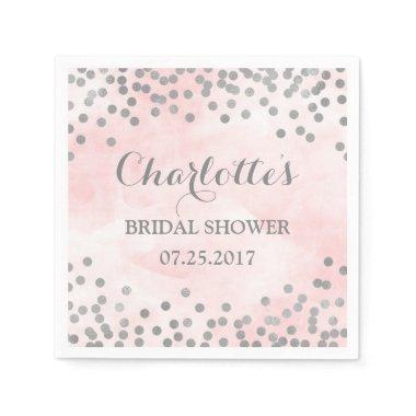 Pink Watercolor Silver Confetti Bridal Shower Napkins