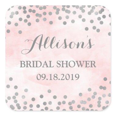 Pink Watercolor Silver Confetti  Square Sticker