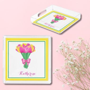 Pink Watercolor Tulip Bouquet , Name Acrylic Tray