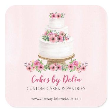 Pink Watercolor Wedding Cake Promotional Square Sticker