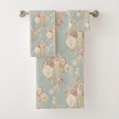 Pink White Blush Roses on Blue Elegant Bath Towel Set