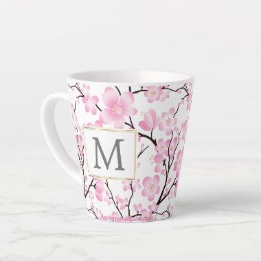 pink white cherry blossom initial customizable mug