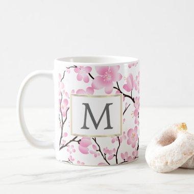 pink white cherry blossom initial customizable mug