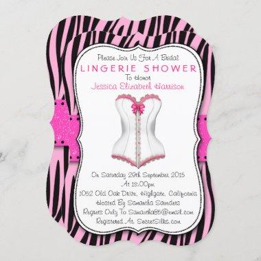 Pink & White Corset On Zebra Print Lingerie Shower Invitations