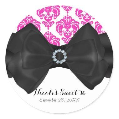 Pink & White Damask Black Bow Glam Sweet 16 Party Classic Round Sticker