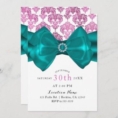 Pink & White Damask Teal Bow Glam Sweet 16 Party Invitations