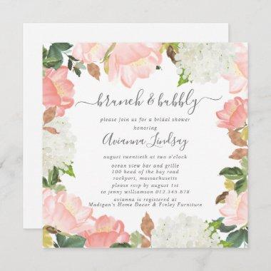 Pink White Floral Botanical Brunch and Bubbly Invitations