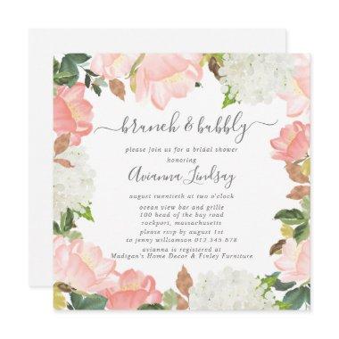 Pink White Floral Botanical Brunch and Bubbly Invitations