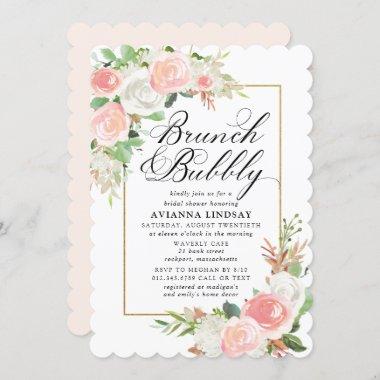 Pink White Floral Bridal Brunch Bubbly Shower Invitations