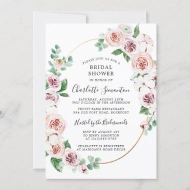 Pink White Floral Eucalyptus Bridal Shower Invitations