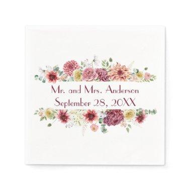Pink White Floral Personalized Names Wedding Date Napkins