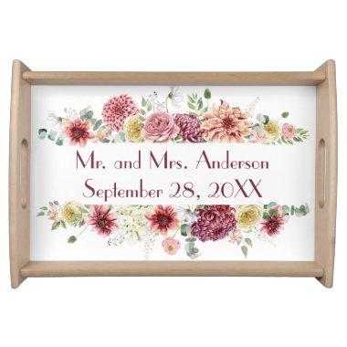Pink White Floral Personalized Names Wedding Date Serving Tray