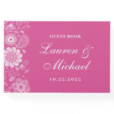 Pink White Flower Swirls Paisley Pattern Floral Guest Book