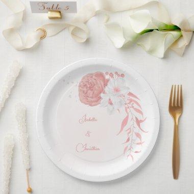 pink & white flowers botanical wedding paper plates