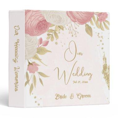 pink & white flowers gold botanical wedding album 3 ring binder