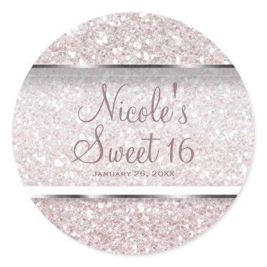 Pink White Glitter Glam Sweet 16 Party Favor Classic Round Sticker
