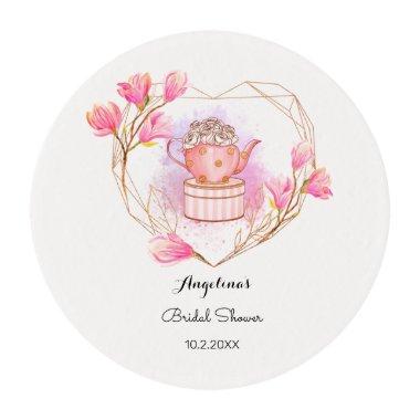 Pink White Gold Bridal Shower Tea Party Floral Edible Frosting Rounds