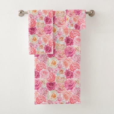 Pink White Magenta Floral Flowers Elegant Boho Bath Towel Set