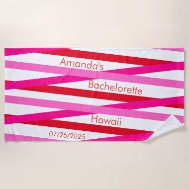 Pink White Red Pattern Monogram Bachelorette Party Beach Towel