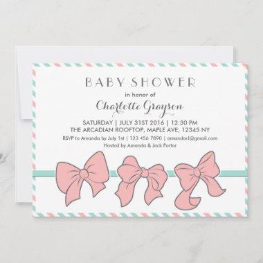 Pink White Ribbons and Bows Baby Shower Invitations