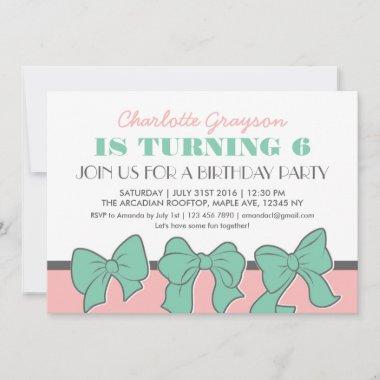 Pink White Ribbons Bows Birthday Party Invitations