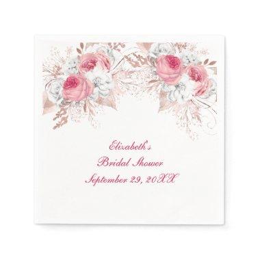 Pink White Rose Gold Floral Trendy Bridal Shower Napkins