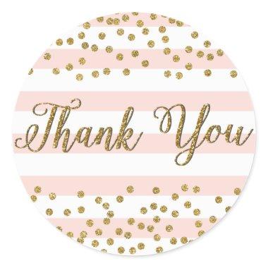 Pink White Stripe Gold Confetti Party Thank You Classic Round Sticker