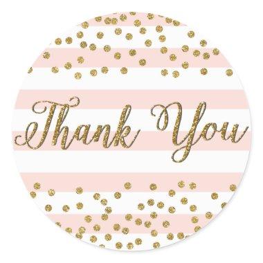 Pink White Stripe Gold Confetti Party Thank You Classic Round Sticker