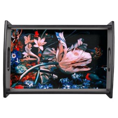 PINK WHITE TULIPS COLORFUL FLOWERS IN BLACK Floral Serving Tray