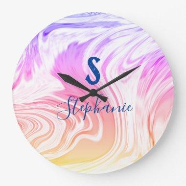 Pink White Wave Abstract Girly Monogram Gift Favor Large Clock