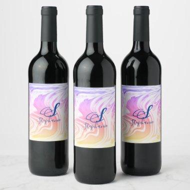 Pink White Wave Abstract Girly Monograms Pretty Wine Label