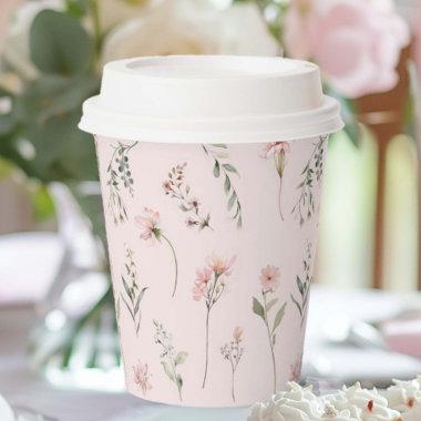 Pink Wildflower and Sage Green Greenery party Paper Cups