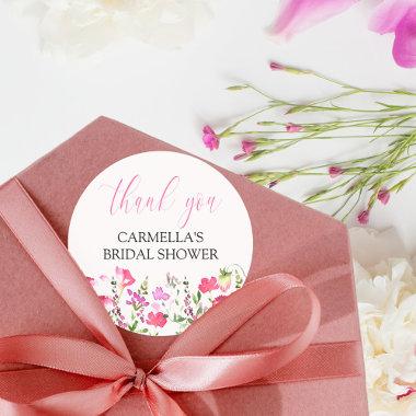 Pink Wildflower  Thank You Script Classic Round Sticker