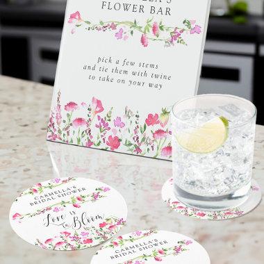 Pink Wildflower Love is in Bloom Bridal Shower Round Paper Coaster