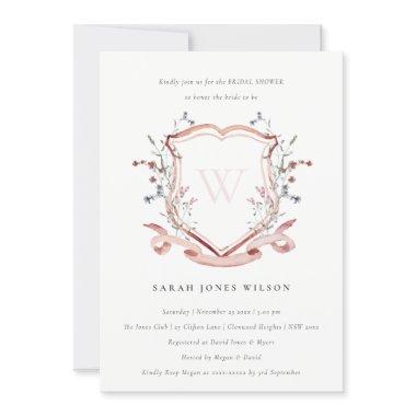 Pink Wildflower Monogram Crest Bridal Shower Invitations