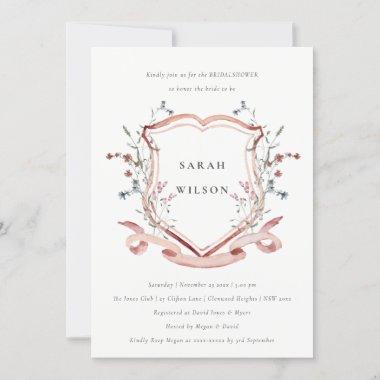 Pink Wildflower Watercolor Crest Bridal Shower Invitations