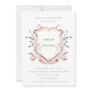 Pink Wildflower Watercolor Crest Bridal Shower Invitations