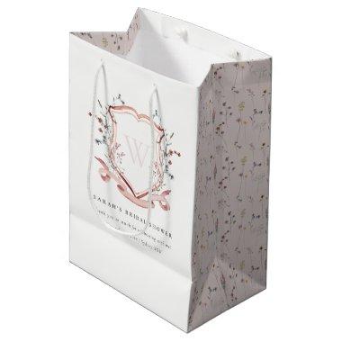 Pink Wildflower Watercolor Crest Bridal Shower Medium Gift Bag