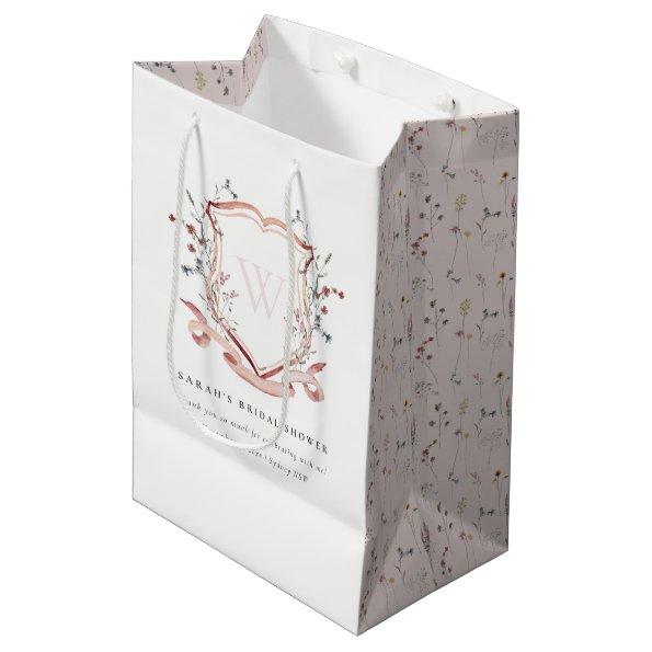 Pink Wildflower Watercolor Crest  Medium Gift Bag