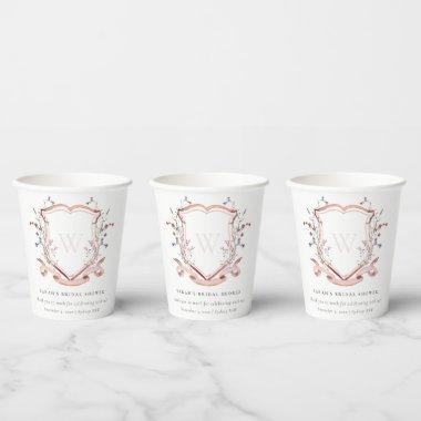 Pink Wildflower Watercolor Crest Bridal Shower Paper Cups