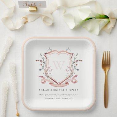 Pink Wildflower Watercolor Crest  Paper Plates